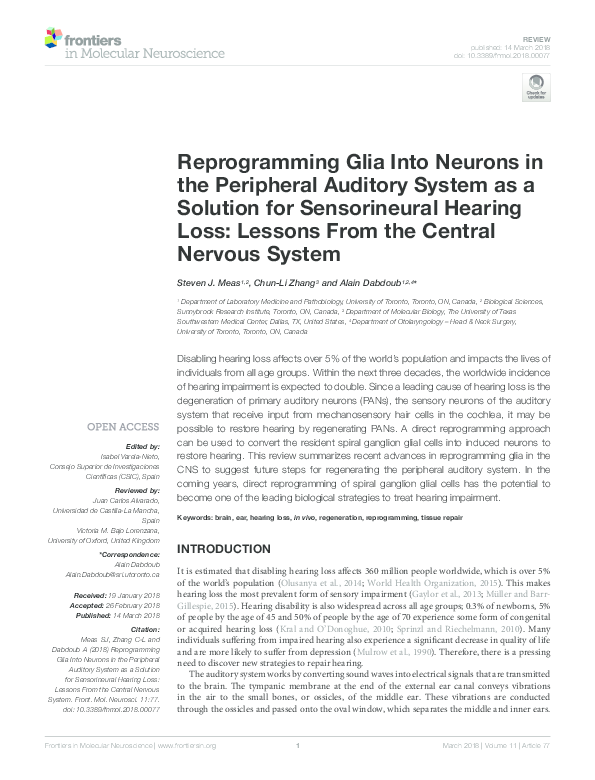 (PDF) Reprogramming Glia Into Neurons in the Peripheral Auditory System ...