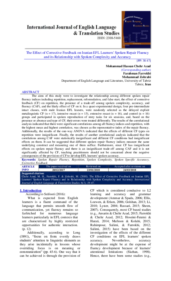(PDF) The Effect of Corrective Feedback on Iranian EFL Learners' Spoken ...