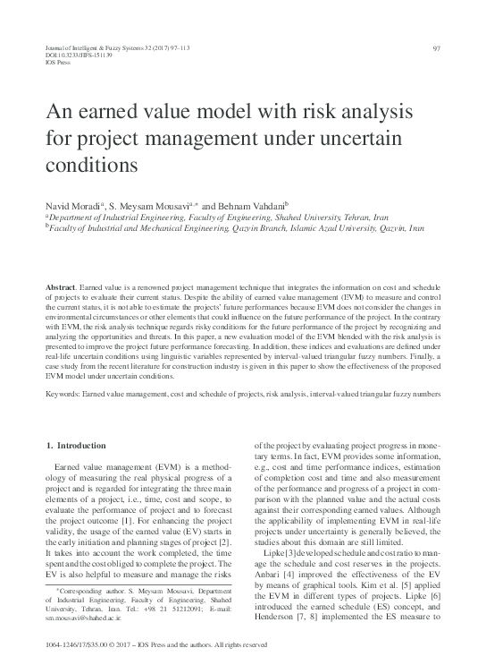 (PDF) An earned value model with risk analysis for project management ...