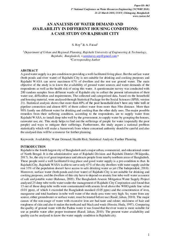 (PDF) AN ANALYSIS OF WATER DEMAND AND AVAILABILITY IN DIFFERENT HOUSING ...