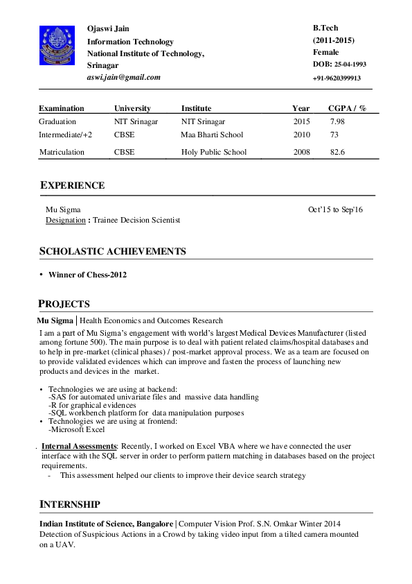 (PDF) Ojaswi Jain 10462001 201610030213 Resume S Padmanabha