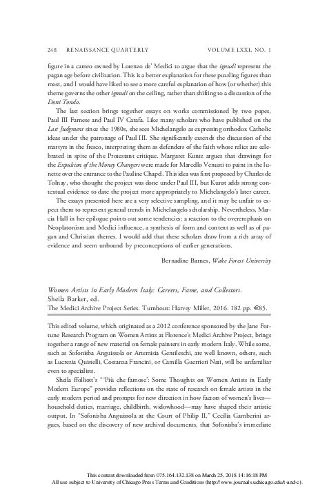 Review: Women Artists in Early Modern Italy: Careers, Fame, and Collectors. Sheila Barker, ed. The Medici Archive Project Series. Turnhout: Harvey Miller, 2016.