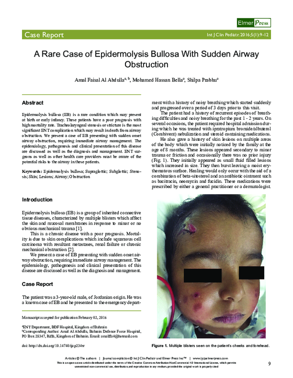 (PDF) A Rare Case of Epidermolysis Bullosa With Sudden Airway Obstruction