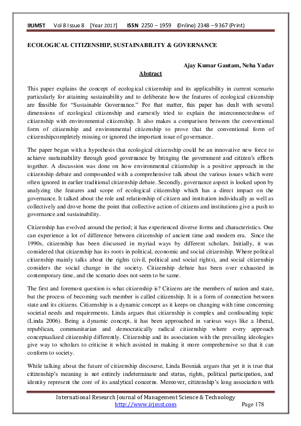 Pdf Ecological Citizenship Sustainability Governance