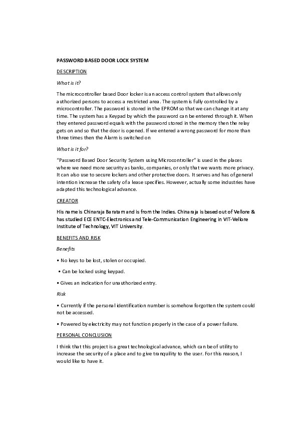 (DOC) PASSWORD BASED DOOR LOCK SYSTEM DESCRIPTION