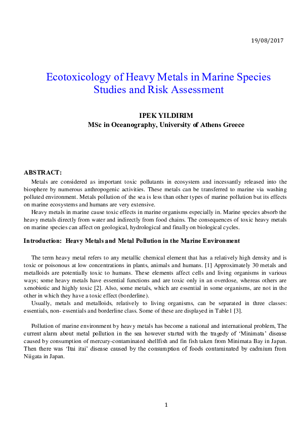 (DOC) Ecotoxicology of Heavy Metals in Marine Species Studies and Risk ...