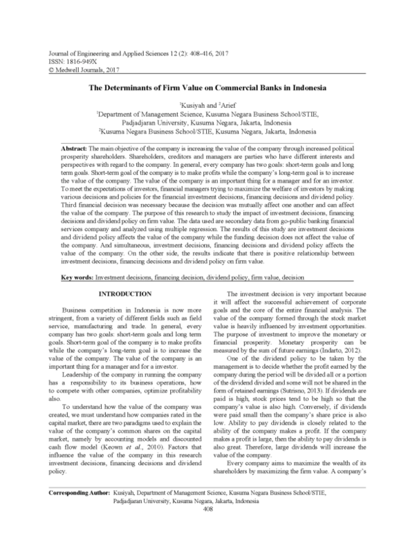 (PDF) The Determinants of Firm Value on Commercial Banks in Indonesia