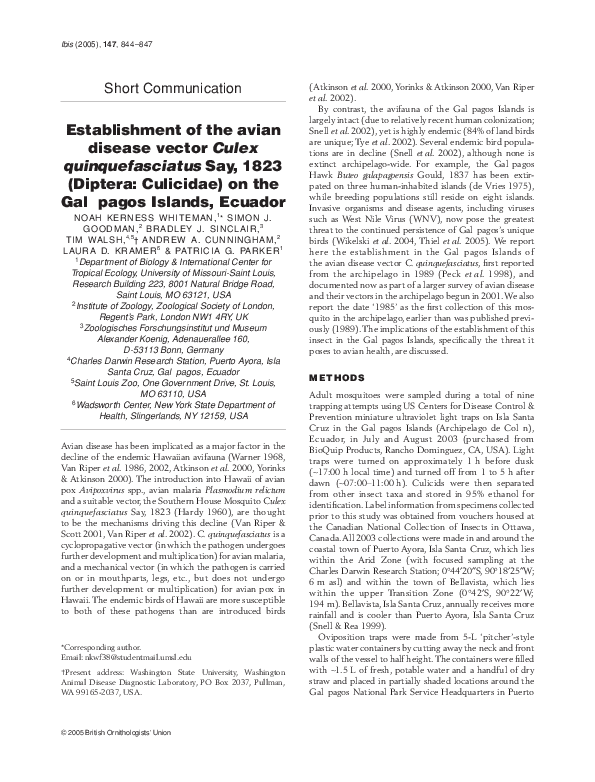 (PDF) Establishment of the avian disease vector Culex quinquefasciatus ...