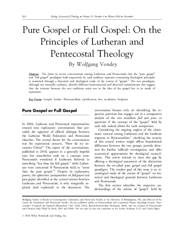 (PDF) Pure Gospel or Full Gospel On the Principles of Lutheran and Pentecostal Theology