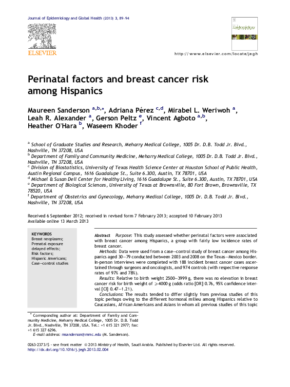(PDF) Perinatal factors and breast cancer risk among Hispanics
