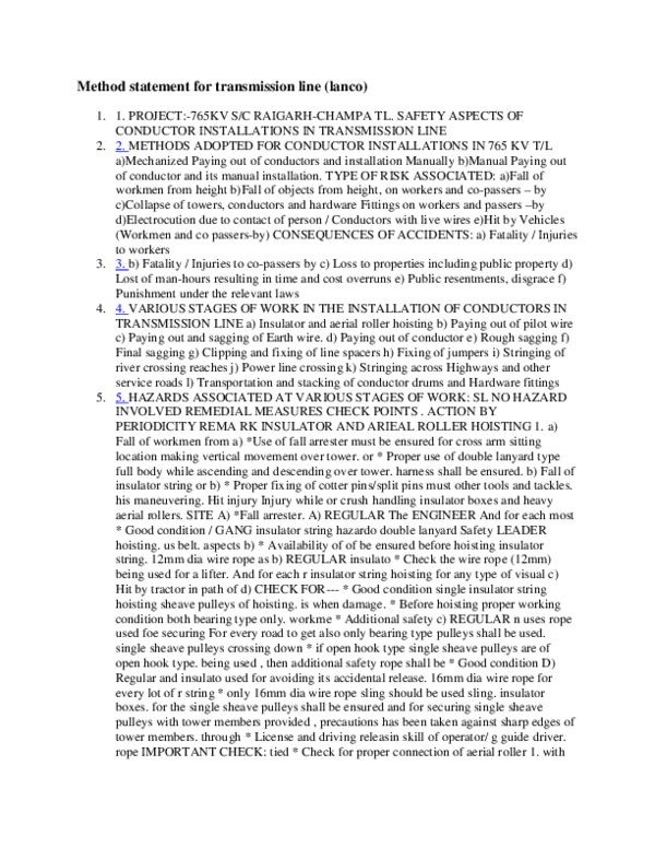 (DOC) Method statement for transmission line
