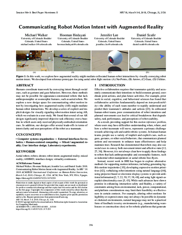 (PDF) Communicating Robot Motion Intent with Augmented Reality