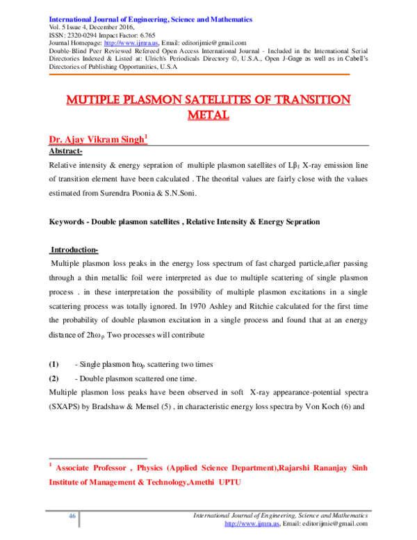 (PDF) MUTIPLE PLASMON SATELLITES OF TRANSITION METAL