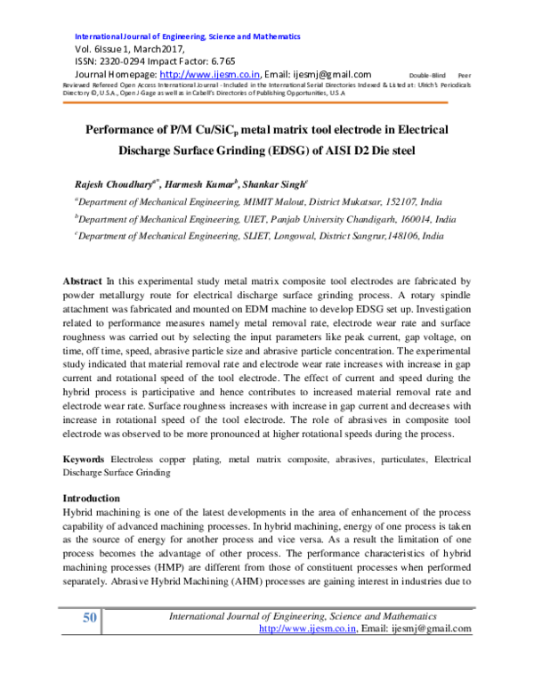 (PDF) Performance of P/M Cu/SiC p metal matrix tool electrode in