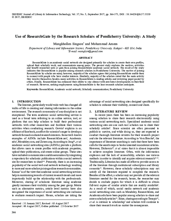 (PDF) Use of ResearchGate by the Research Scholars of Pondicherry ...