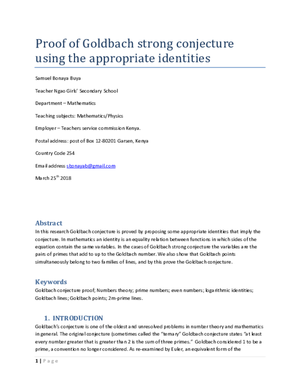 (PDF) Proof of Goldbach strong conjecture using the appropriate identities