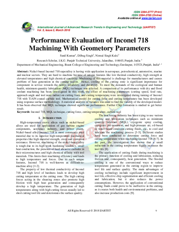 (PDF) Performance Evaluation of Inconel 718 Machining With Geometory ...