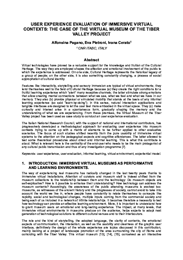 (PDF) USER EXPERIENCE EVALUATION OF IMMERSIVE VIRTUAL CONTEXTS: THE ...