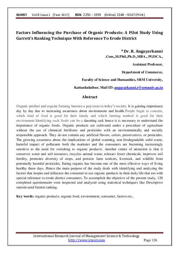 (PDF) Factors Influencing the Purchase of Organic Products A Pilot