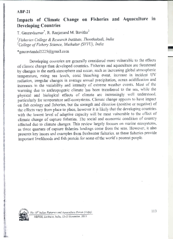 (PDF) Impacts of Climate Change on Fisheries and Aquaculture in ...