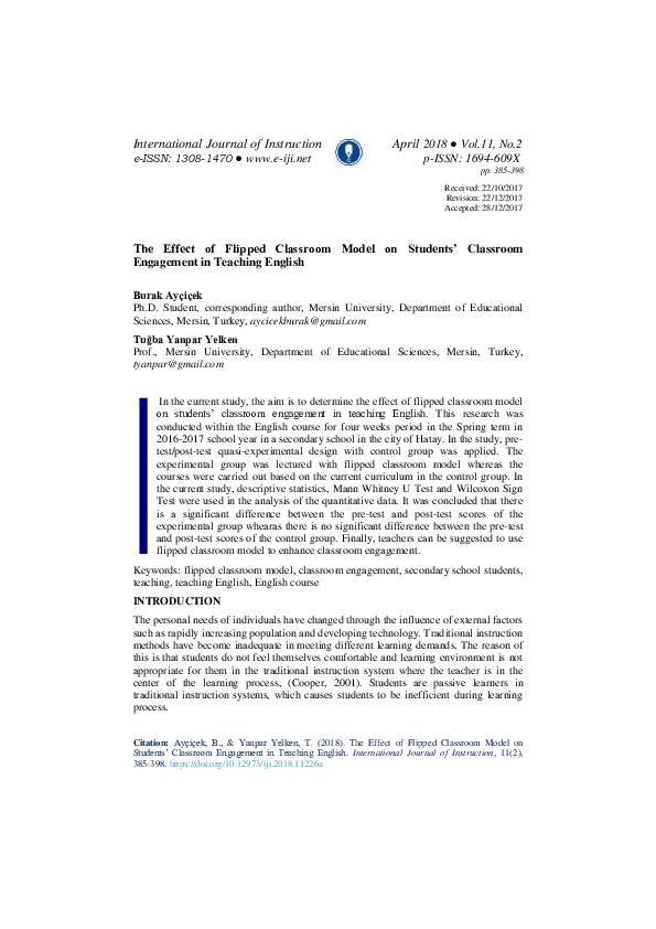 (PDF) The Effect of Flipped Classroom Model on Students' Classroom ...