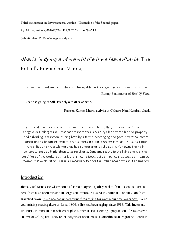 (DOC) Jharia is dying: A look inside the hell of Jharia Coal Mines.docx
