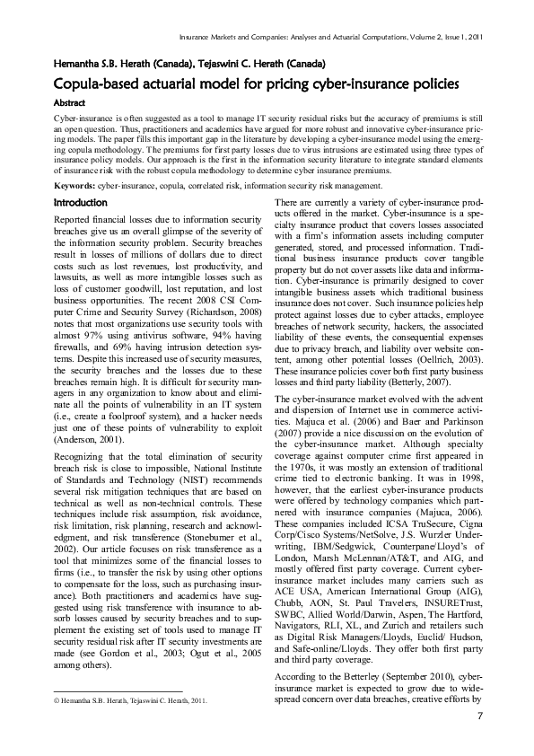 (PDF) Copula-based actuarial model for pricing cyber-insurance policies