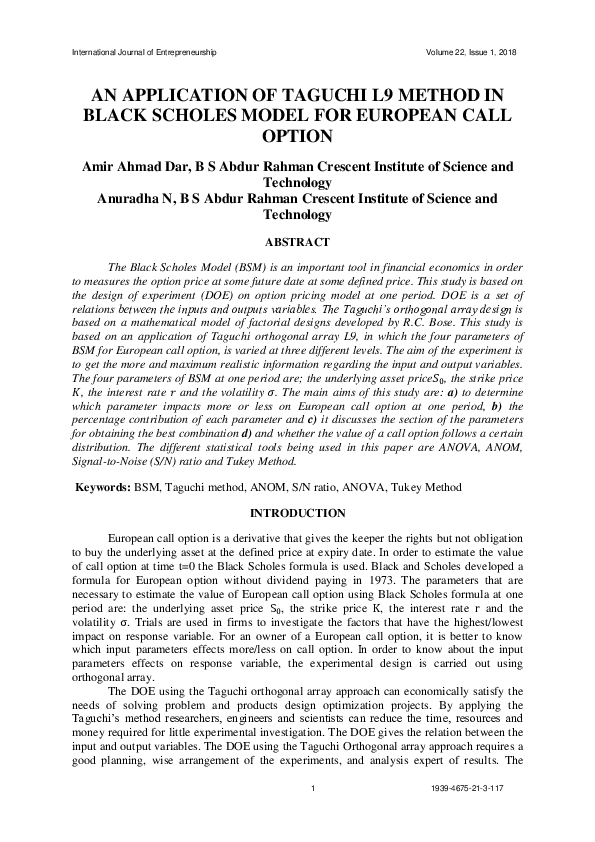 (PDF) AN APPLICATION OF TAGUCHI L9 METHOD IN BLACK SCHOLES MODEL FOR ...