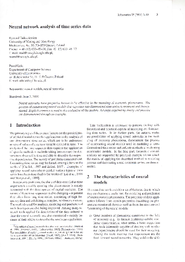 (PDF) Neural network analysis of time series data