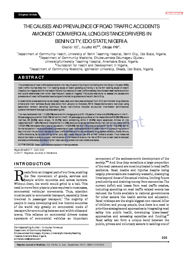 (PDF) THE CAUSES AND PREVALENCE OF ROAD TRAFFIC ACCIDENT