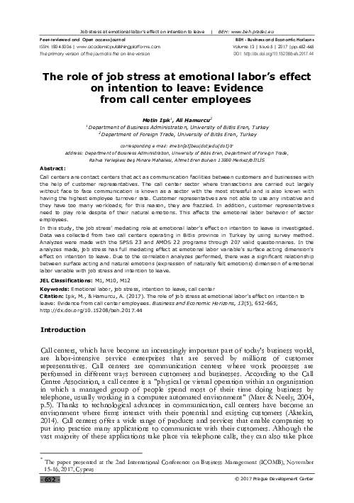 (PDF) The role of job stress at emotional labor's effect on intention ...