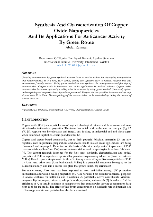 (DOC) Synthesis And Characterization Of Copper Oxide Nanoparticles And ...