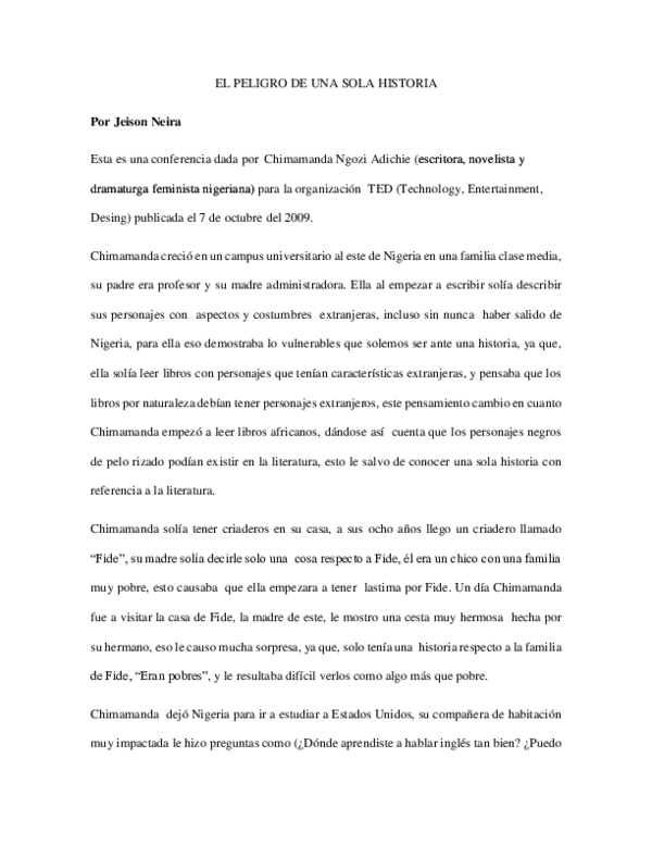 (DOC) EL PELIGRO DE UNA SOLA HISTORIA Jeison Neira Academia.edu (DOC) EL PELIGRO DE UNA SOLA HISTORIA Jeison Neira Academia.edu