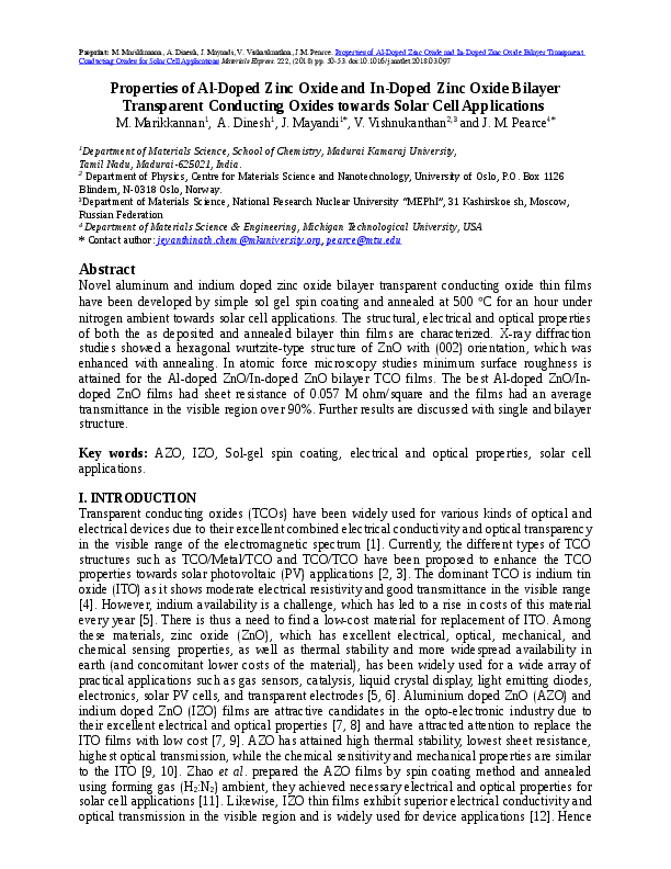 Properties of AlDoped Zinc Oxide and InDoped Zinc Oxide Bilayer