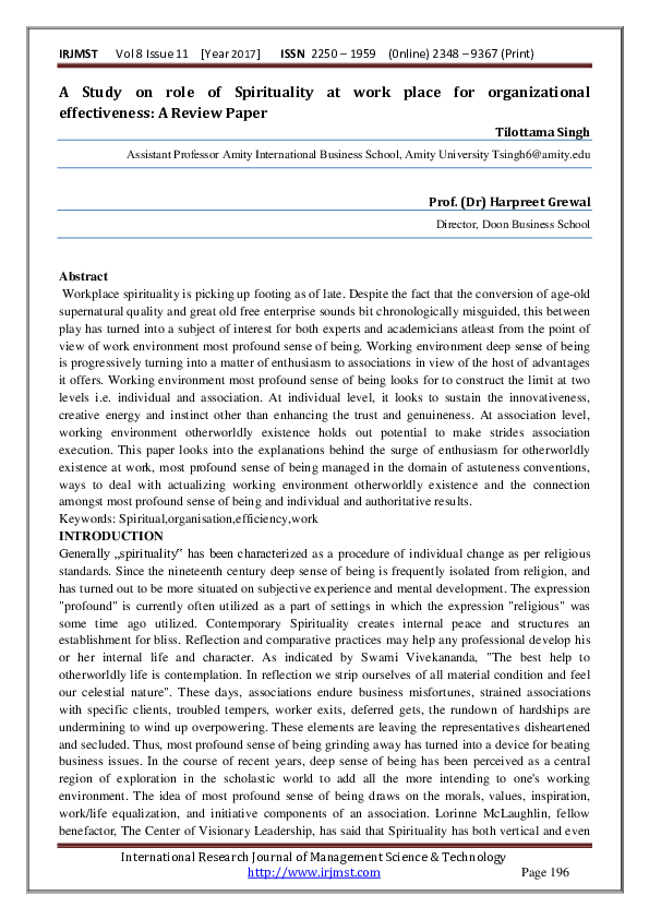 (PDF) A Study on role of Spirituality at work place for organizational ...
