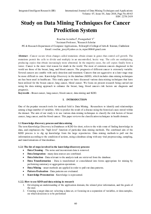 (PDF) Study on Data Mining Techniques for Cancer Prediction System