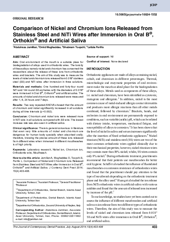 (PDF) Comparison of Nickel and Chromium Ions Released from Stainless