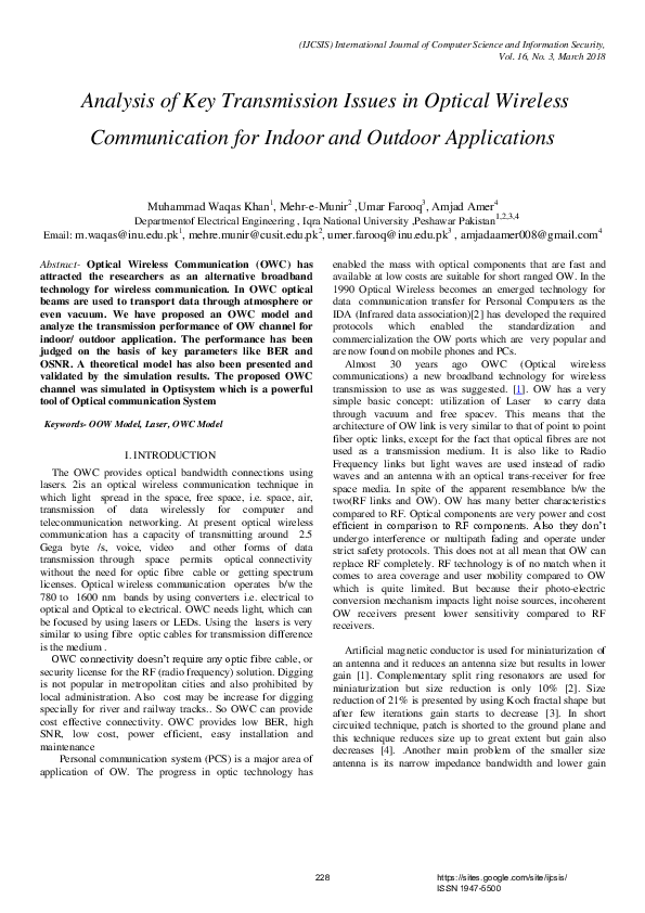 (PDF) Analysis of Key Transmission Issues in Optical Wireless Communication for Indoor and