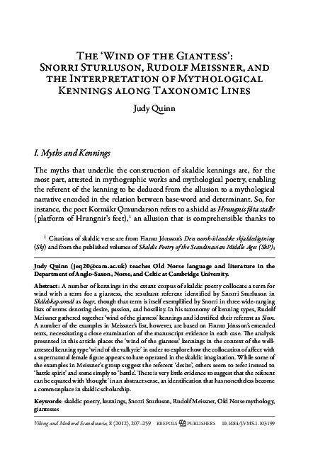 The 'Wind of the Giantess': Snorri Sturluson, Rudolf Meissner, and the Interpretation of Mythological Kennings along Taxonomic Lines