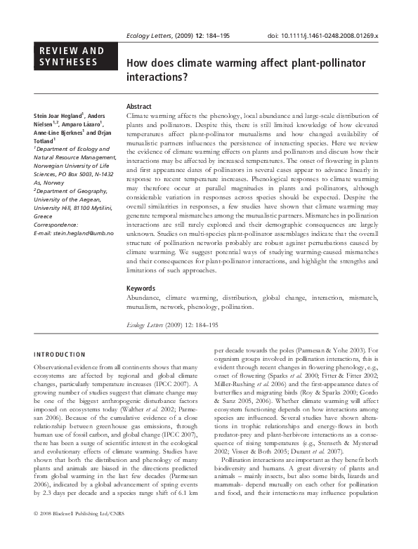 (PDF) How does climate warming affect plantpollinator interactions