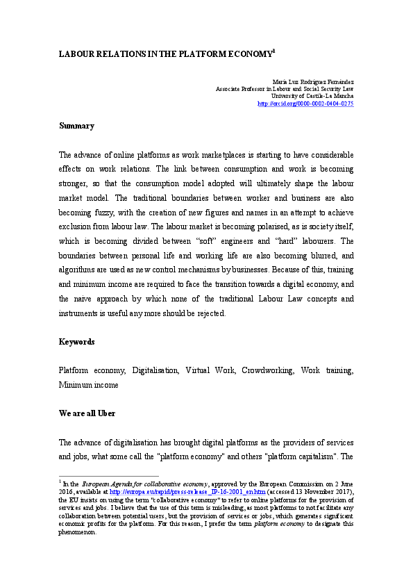(PDF) LABOUR RELATIONS IN THE PLATFORM ECONOMY