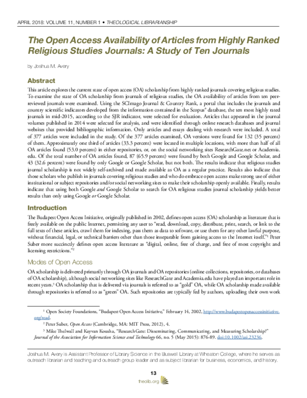 (PDF) The Open Access Availability of Articles from Highly Ranked