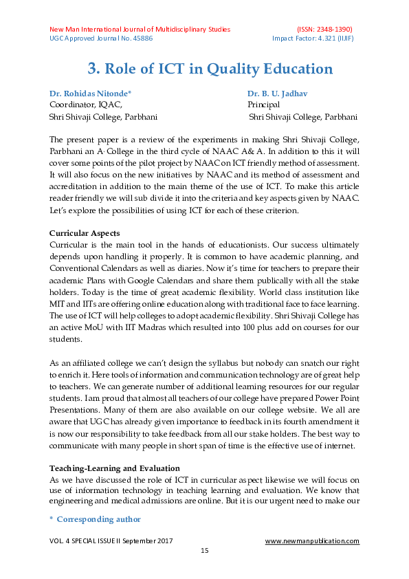 Pdf Role Of Ict In Quality Education