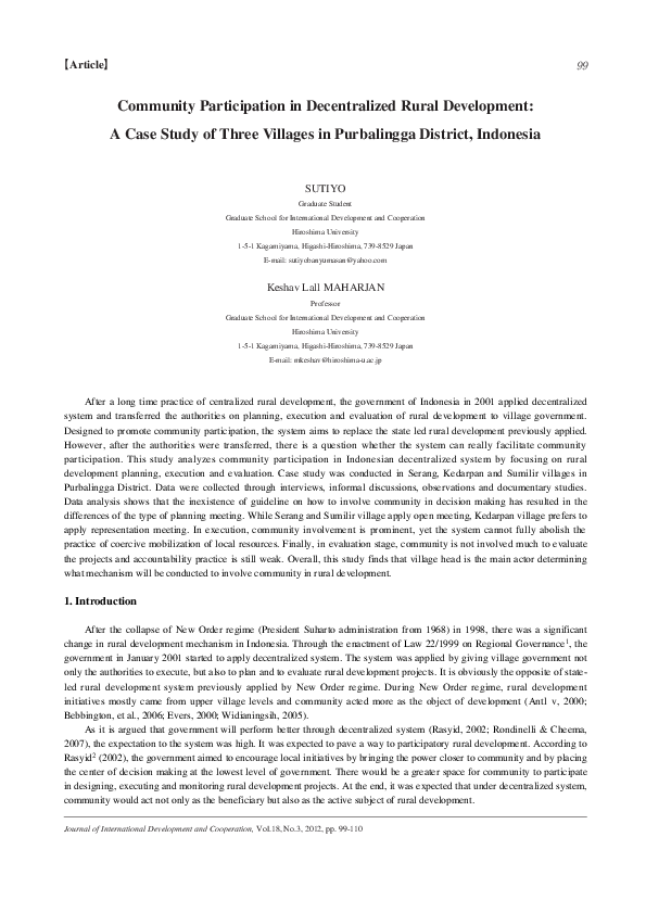 Pdf Community Participation In Decentralised Rural Development In