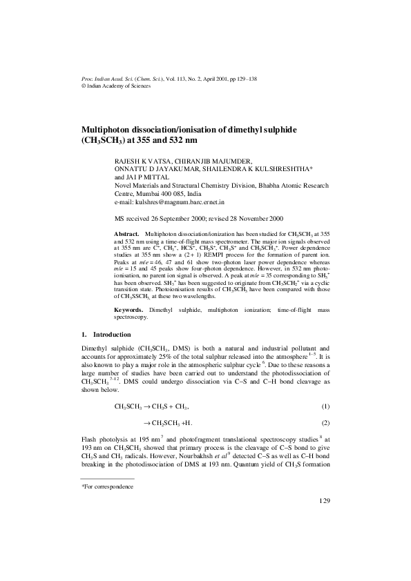 (PDF) Multiphoton dissociation/ionisation of dimethyl sulphide (CH3SCH3 ...