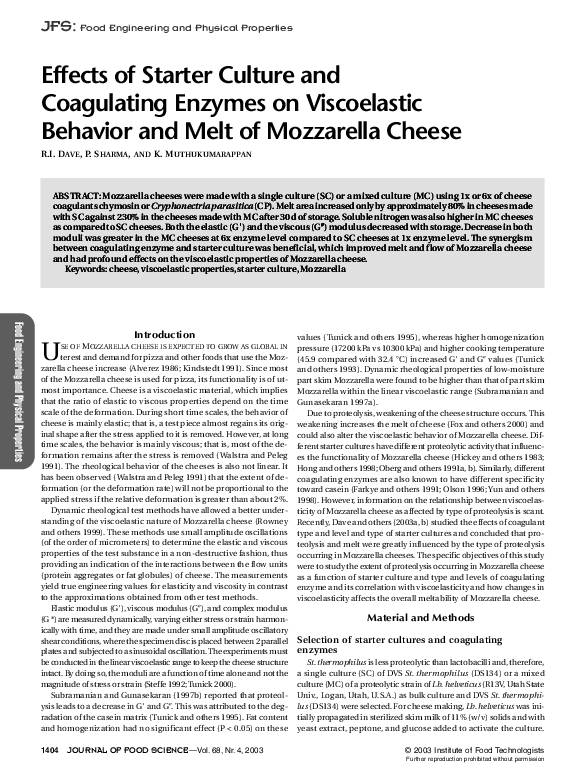 (PDF) Effects of Starter Culture and Coagulating Enzymes on Viscoelastic Behavior and Melt of
