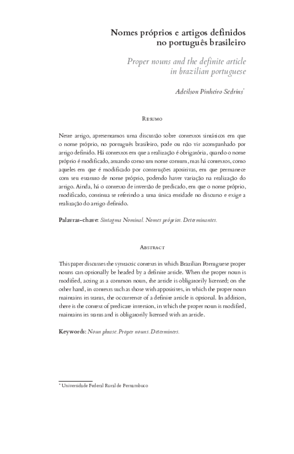(PDF) Nomes próprios e artigos definidos no português brasileiro