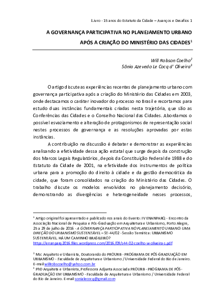 (PDF) A GOVERNANÇA PARTICIPATIVA NO PLANEJAMENTO URBANO APÓS A CRIAÇÃO ...