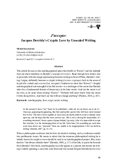 Pdf J Accepte Jacques Derrida S Cryptic Love By Unsealed Writing Michal Krzykawski Academia Edu academia edu