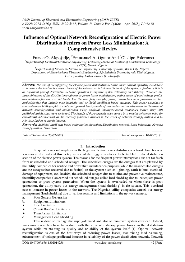 (PDF) Influence of Optimal Network Reconfiguration of Electric Power